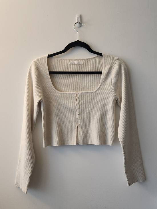 OAK + FORT Tops - OAK + FORT Cream Ribbed Scoop-Neck Button Crop Top